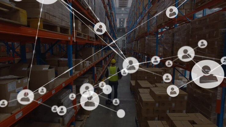 Animation of network of connections over caucasian worker in warehouse