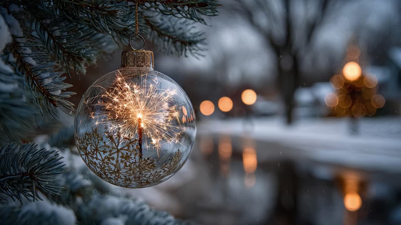Captivating Close-Up of a Sparkling Christmas Ornament Hanging from a Snowy Evergreen Tree, Illuminated by Soft Background Lights in a Winter Wonderland