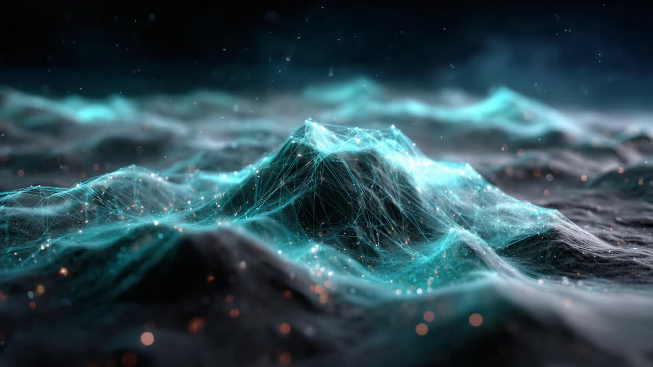 A Stunning Visual Journey Through a Futuristic Landscape of Interconnected Mountains with a Glowing Network of Light and Energy