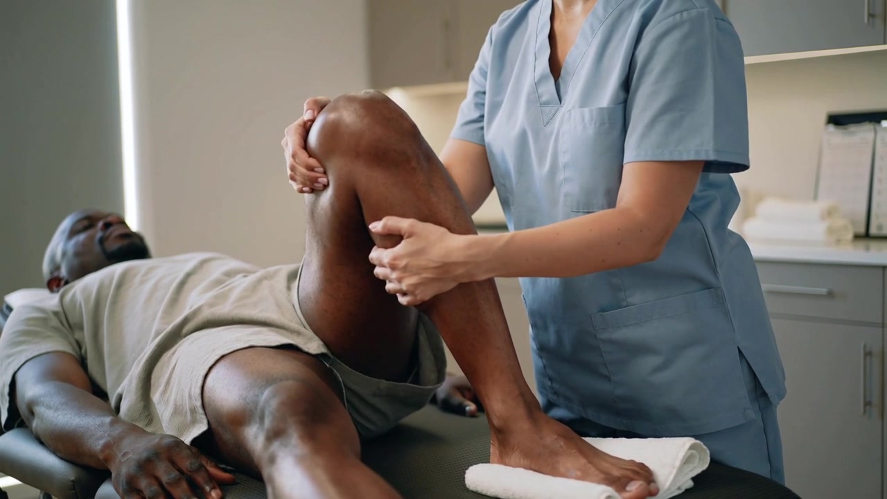 Placing towel under patient foot clinician in scrubs holding knee moving leg in clinic testing knee