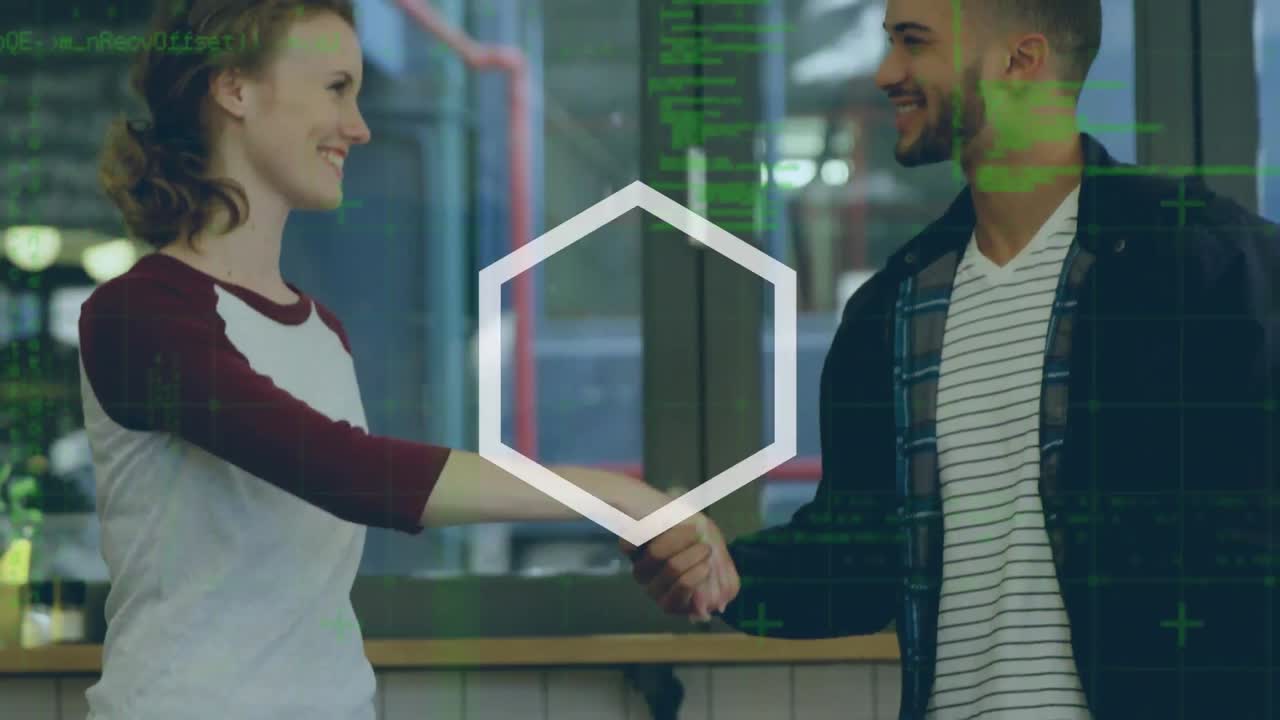 animación de formas geométricas en movimiento y procesamiento de datos sobre personas que se dan la mano