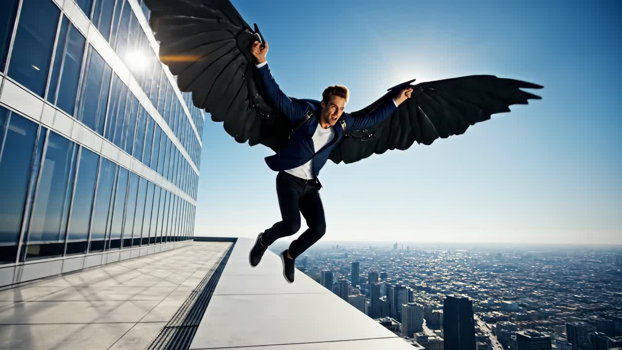 un hombre con alas volando sobre una ciudad