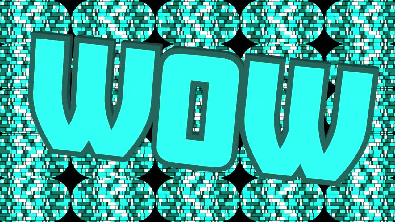 검은 바탕에 움직이는 모양과 와우 텍스트의 애니메이션