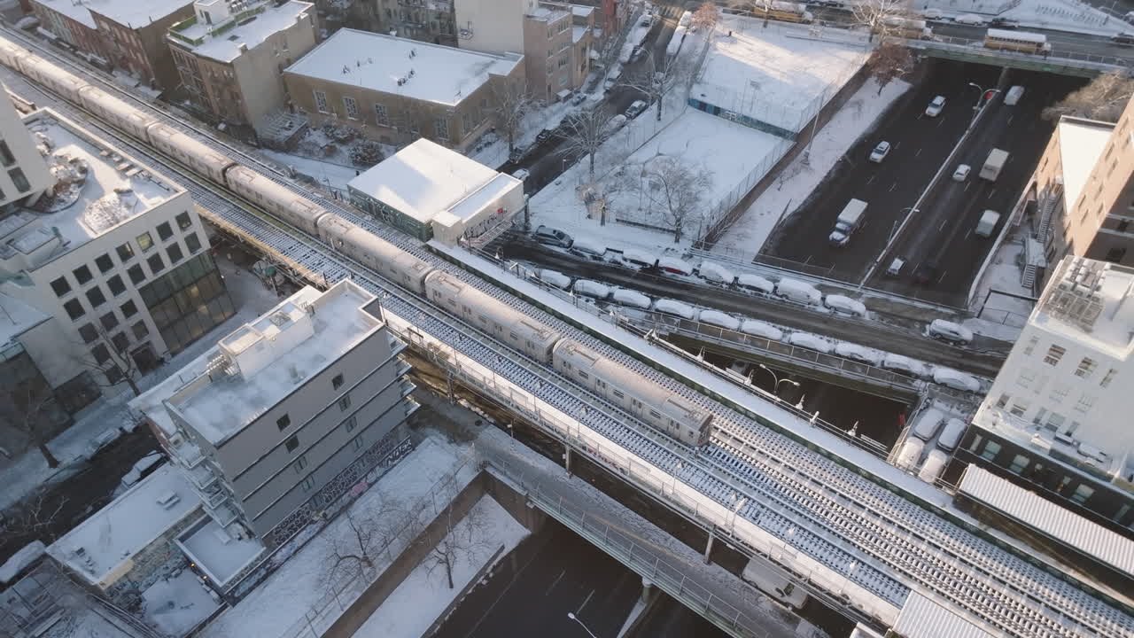 Aerial view of a delayed subway train. Shot in Brooklyn, New York City on a winter morning.