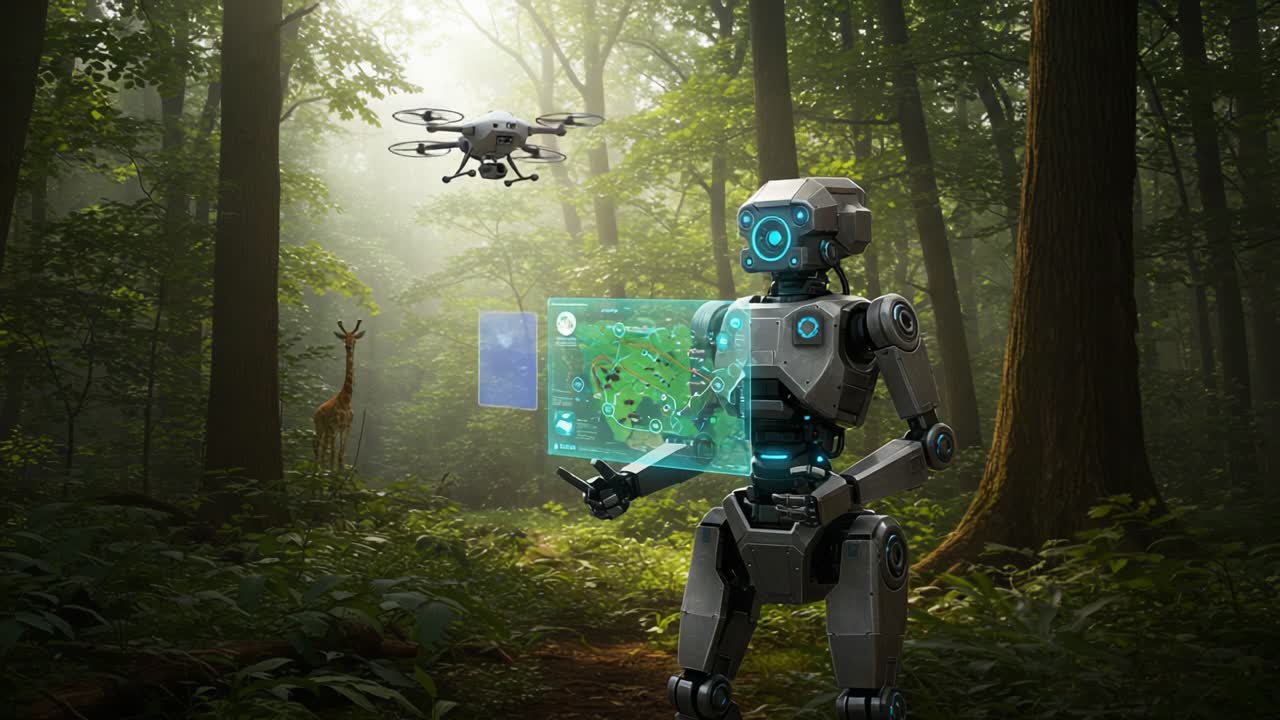 A futuristic robot interacts with a holographic display while a drone hovers nearby in a lush, verdant forest, revealing advanced technology meeting nature