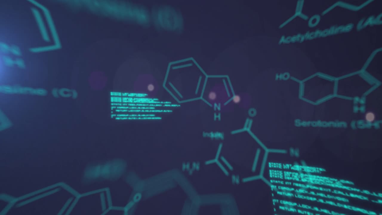 Animation of chemical structures and data processing against blue background