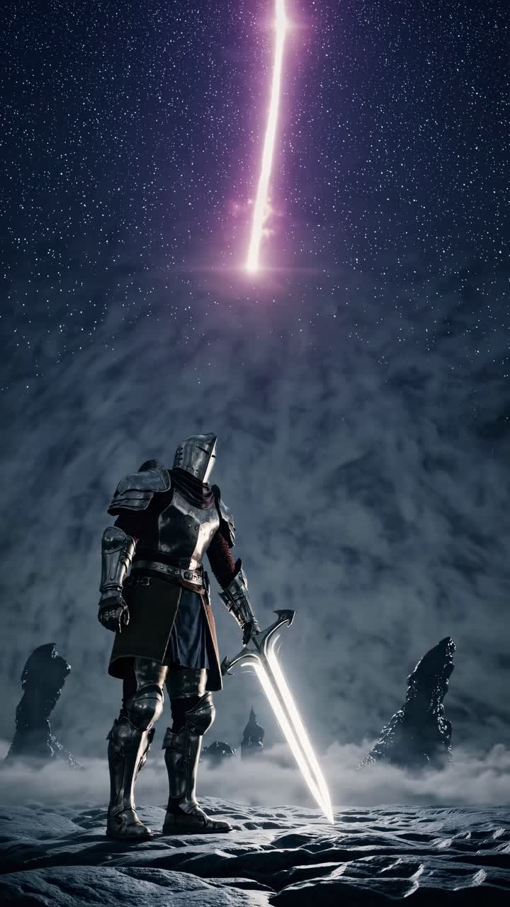 Epic fantasy scene with a knight holding a sword under a starry sky