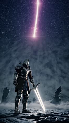 Epic fantasy scene with a knight holding a sword under a starry sky