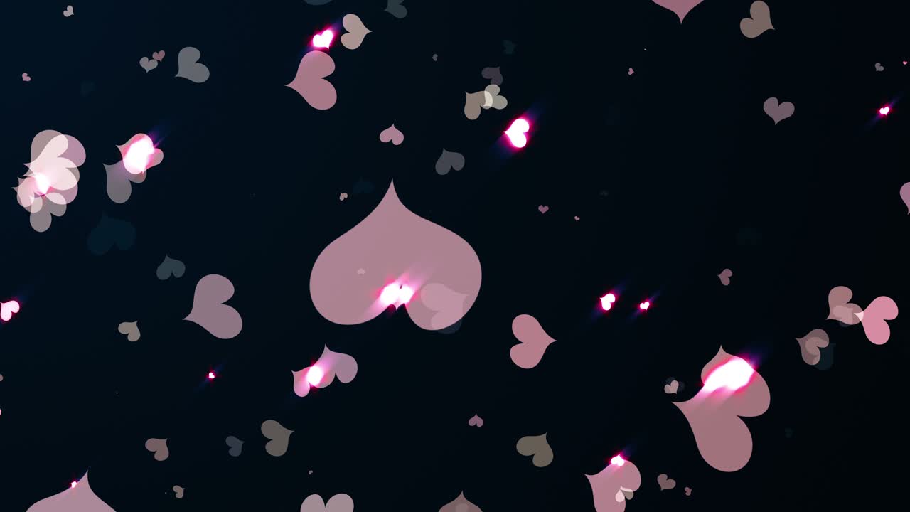 추상적인 루프 흐름 만화 파스텔 심장이 검은 바탕에 고립되어 박이는 발렌타인 데이, 생일 파티, 결혼식 또는 어떤 휴가에 대한 애니메이션.