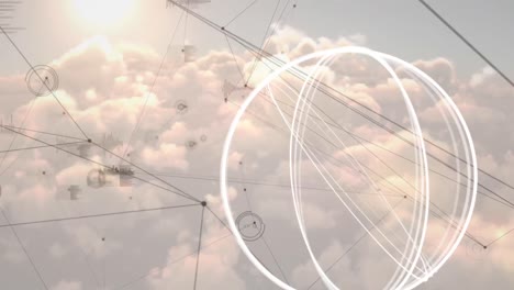 Animation-of-white-circles-and-network-of-connections-over-sky-with-clouds