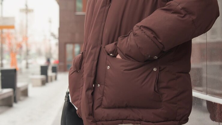 Person wearing thick brown quilted puffer jacket stands on urban street with hands tucked into front pockets, creating visible fabric compression, seam distortion, and pocket flap detail in soft