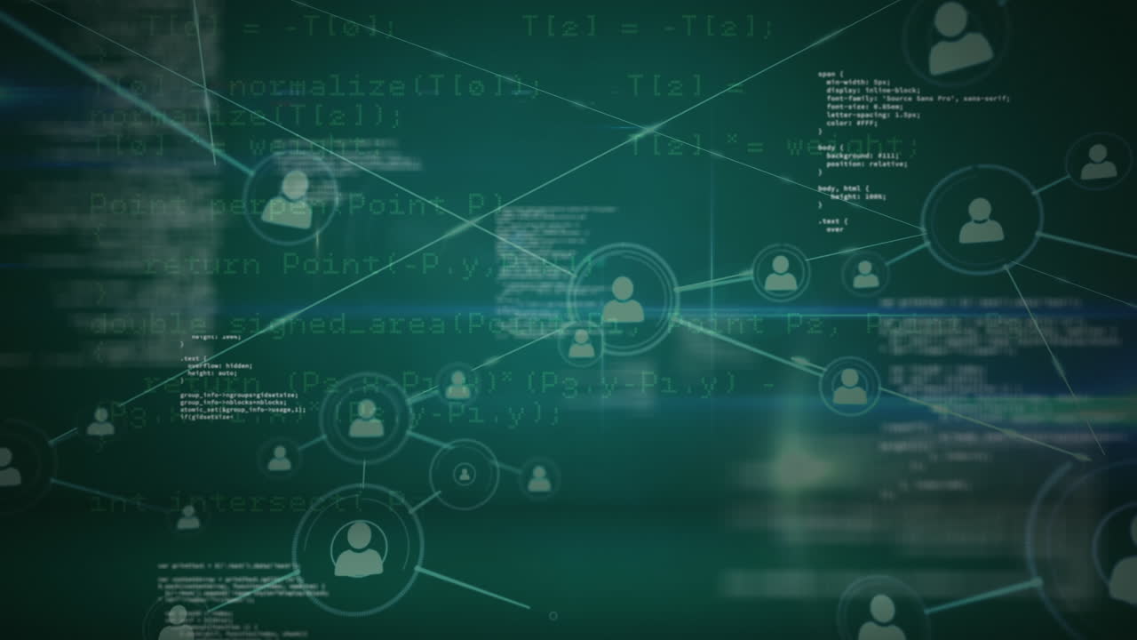 animación de la red de conexiones con iconos de personas y procesamiento de datos a través de la red