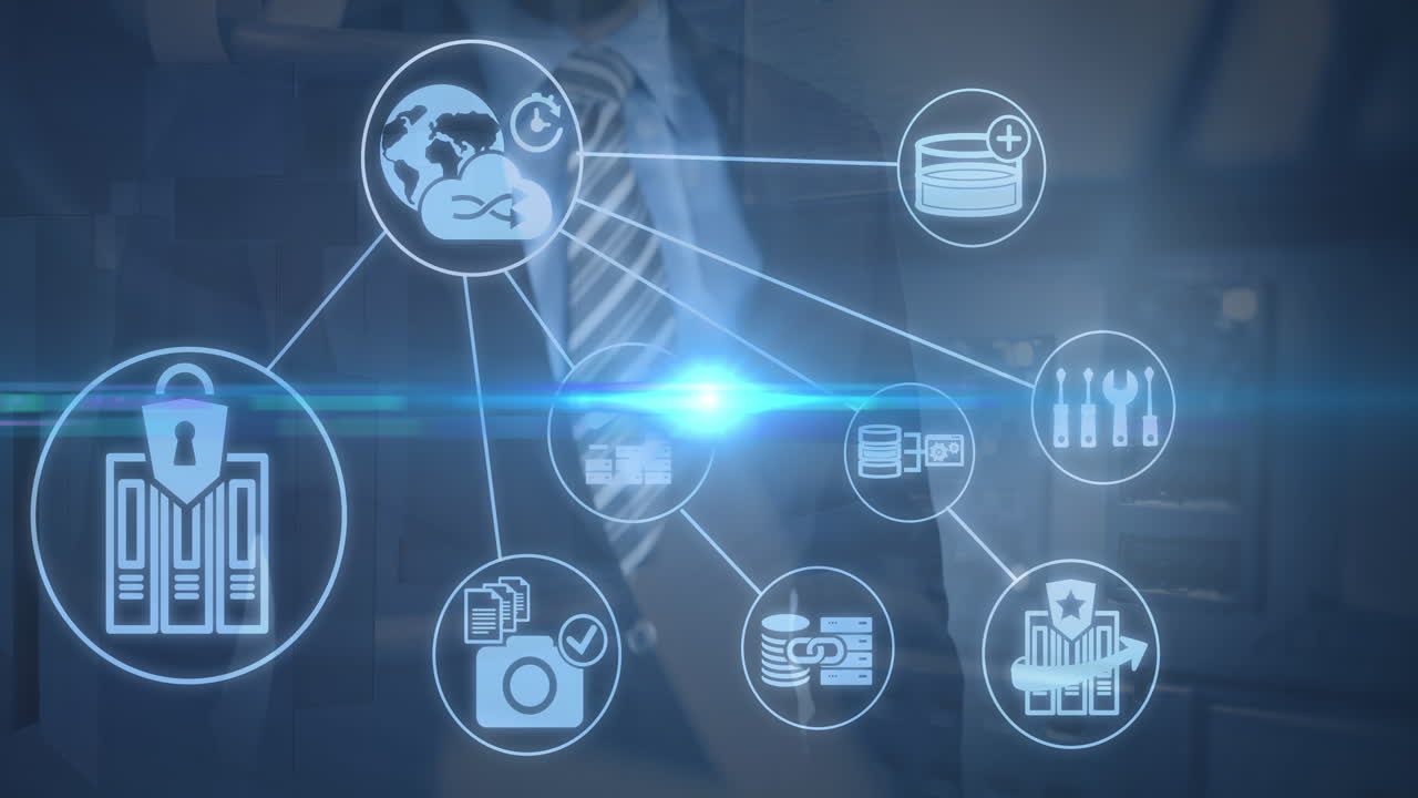 animación de iconos de negocios sobre el hombre de negocios caucásico