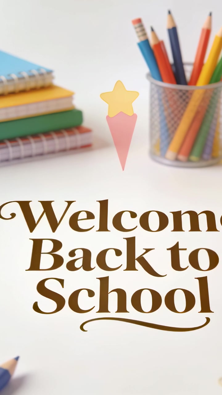 Vertical video: Showing Welcome Back to School on desk, stars rising, books left, mesh cup right