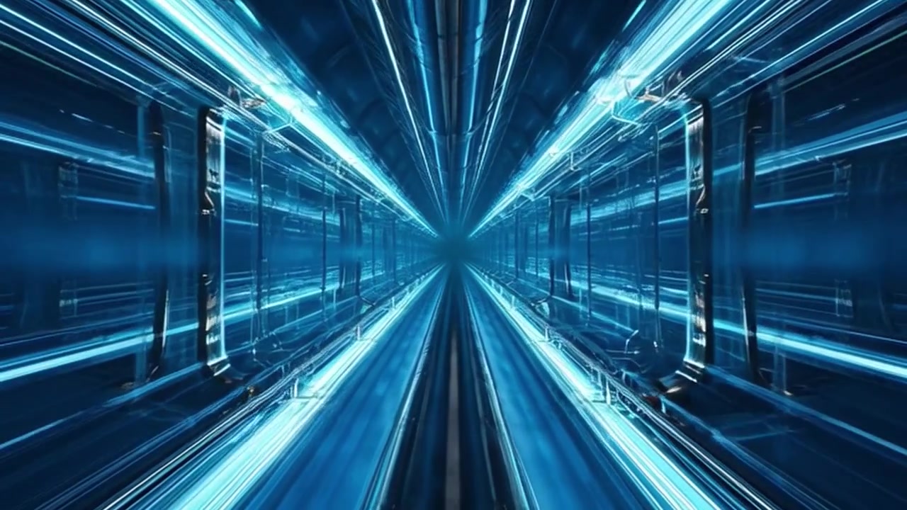 Tunnel fantascientifico futuristico con effetti di luce blu brillante