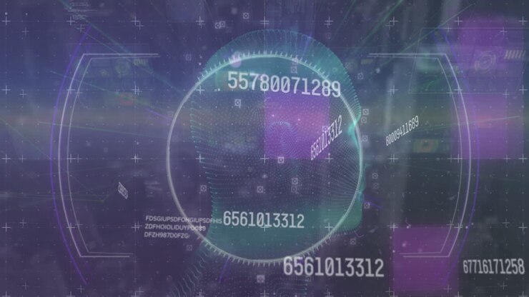 Animation of three dimensional human model rotating with digital numbers and signs