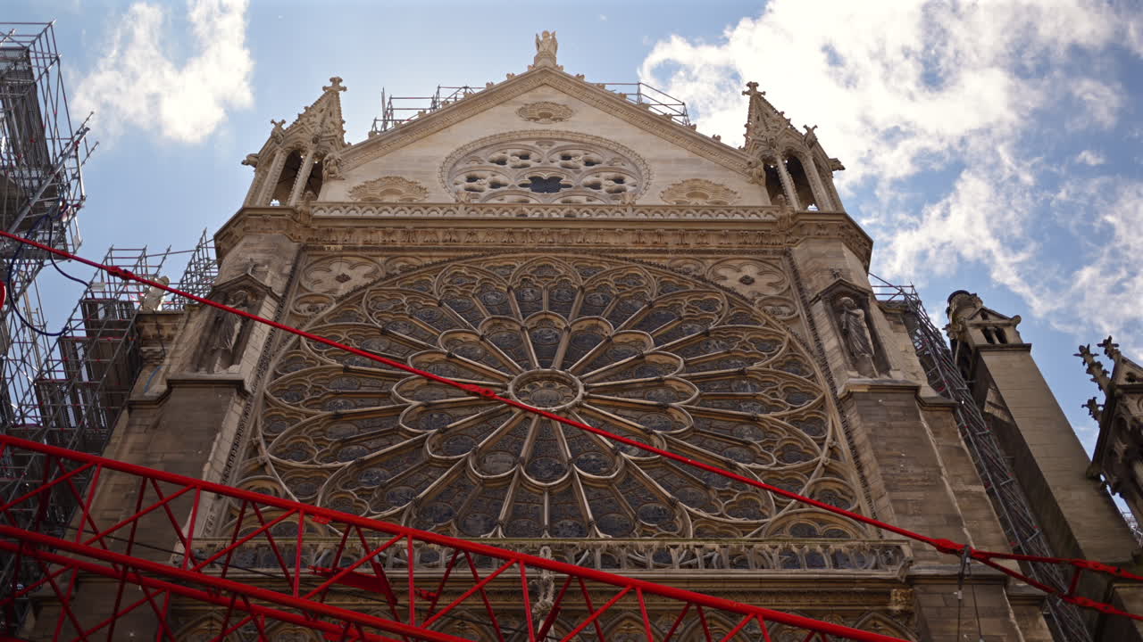 Side view of the Cathédrale Notre-Dame de Paris in France with the blue sky on the background