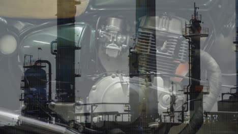 animation of refinery over car engine