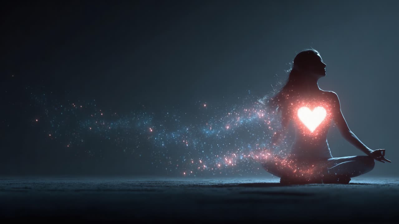 Une silhouette sereine : une femme médite avec un cœur étoilé, rayonnant une énergie cosmique et une paix intérieure dans une atmosphère mystique de tranquillité et de lumière.
