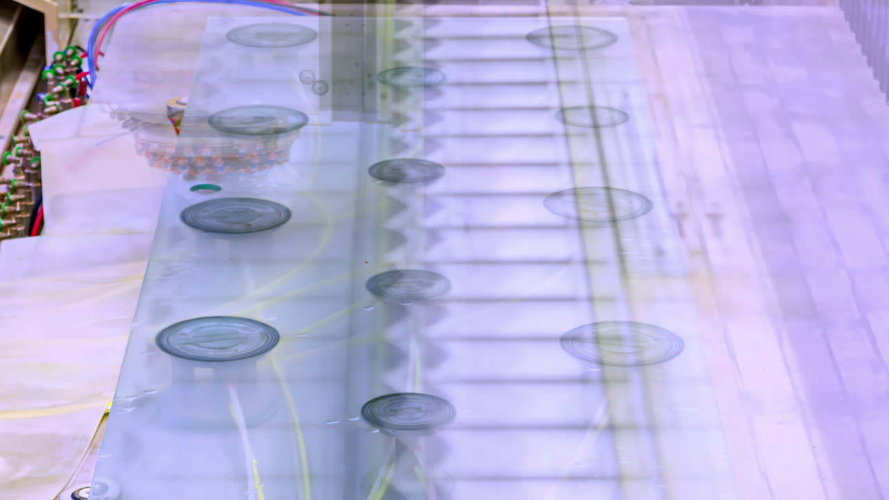 공장에서 유리를 절단하는 현대적인 cnc 기계, 시간 지연