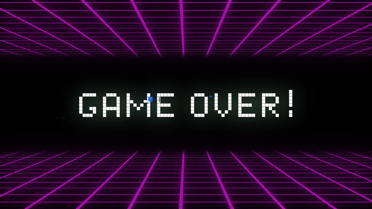 흑색 배경에 색으로 쓰여진 게임 위에 보라색 그리드가 위쪽과 아래쪽을 움직이고 있습니다.