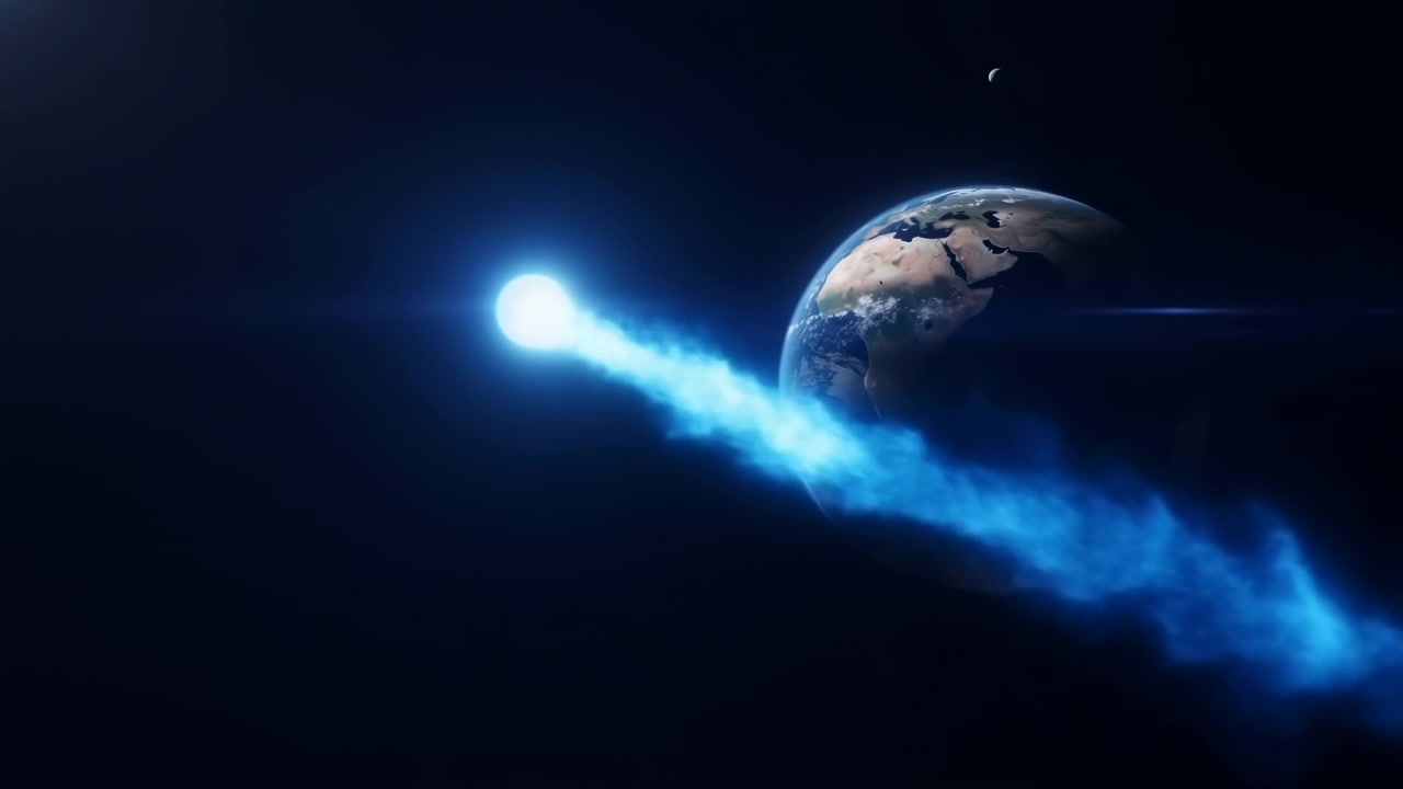 Meteor Streaking Past Earth With Blue Glowing Trail, Planet Silhouette And Continents Visible As Comet Plume