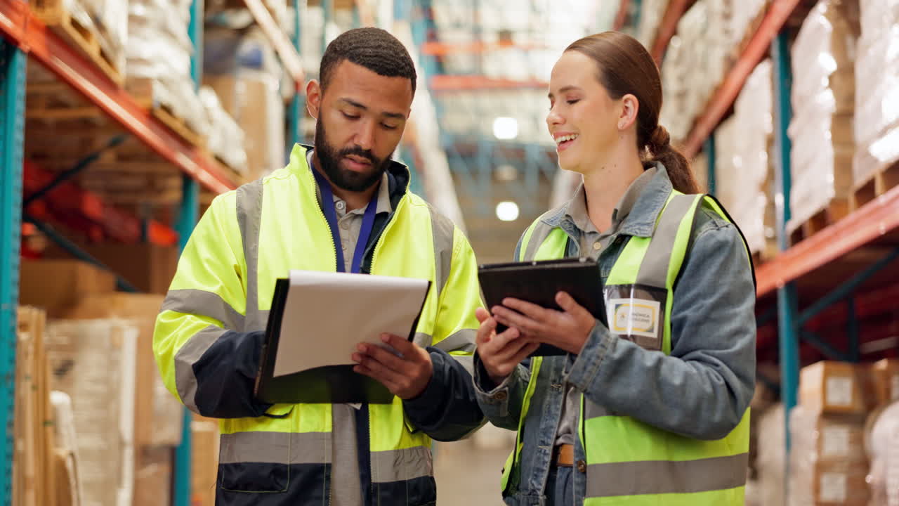 Warehouse workers reviewing inventory