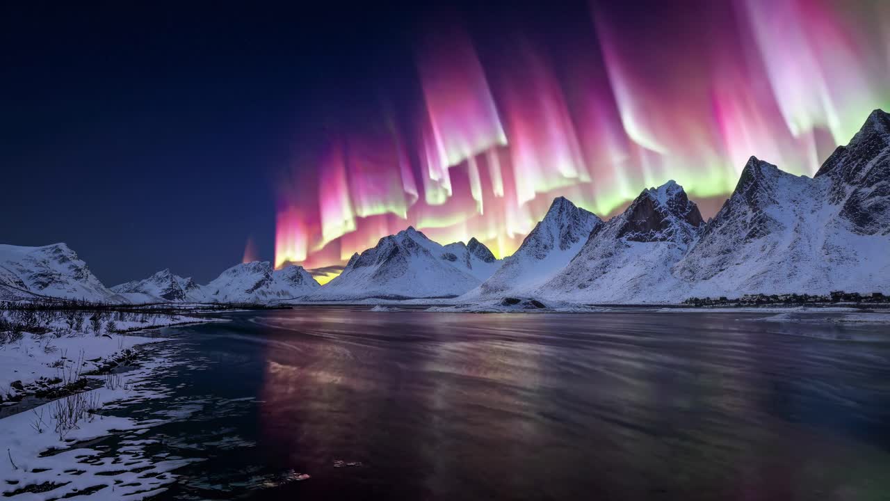 Stunning wide-angle shot of Northern Lights over snowy mountains and a reflective lake