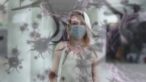 animation of covid 19 cells moving over woman in face mask