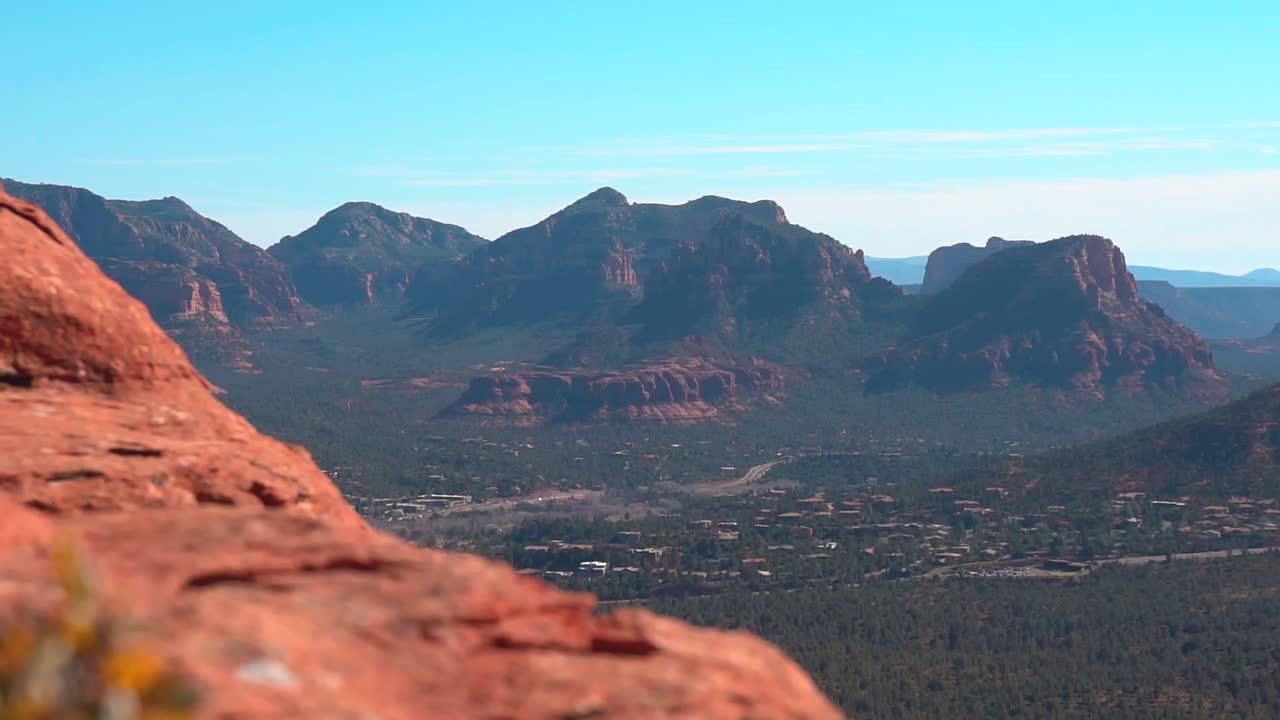 Sedona Arizona scenic  overlook of city and valley. View from near Cathedral Rock and Thunder Mountain.