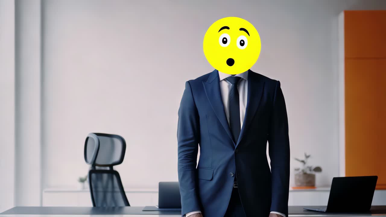 사무실에서 재미있는 이모지 머리를 가진 사업가
