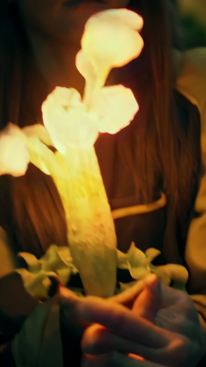 Woman in a greenhouse with glowing flowers