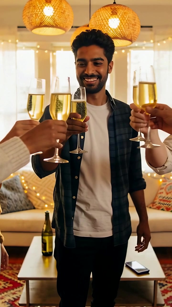 Vertical video: Raising flutes, group toasting around man in white tee and plaid at home with phone