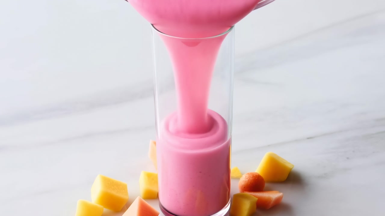 Primo piano inquadrato dall'alto di un alto bicchiere trasparente vuoto posato su un tavolo di marmo chiaro, circondato da piccoli pezzi di melone tagliati a cubetti, gialli e arancioni.