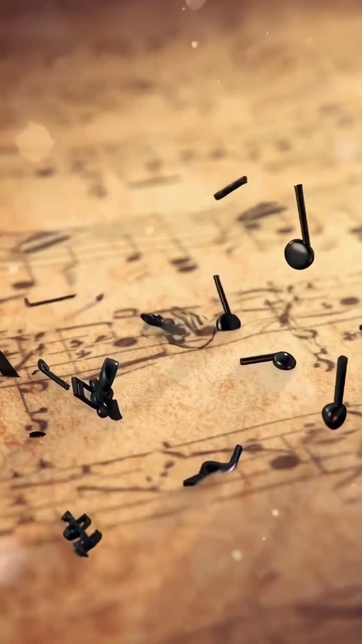 Video concept di note musicali che fluttuano sopra uno spartito, acquisito da un angolo dall'alto