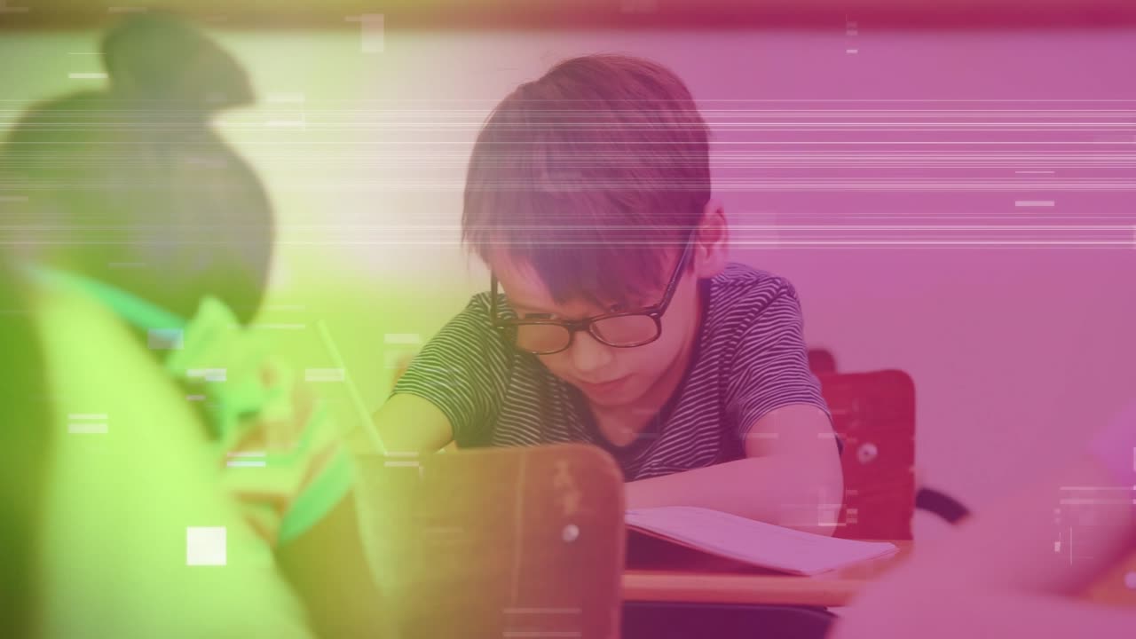 Animation of lights over caucasian boy in class