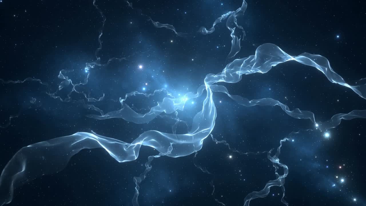 Unfurling translucent ribbon filaments flowing across cosmic field, responding to central glow