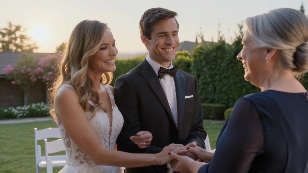 Sposa sorridente in abito e sposo in smoking che si uniscono e si danno il cinque dopo che l'officiante alza la mano in giardino