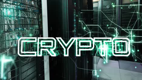 animation of crypto text over illuminated abstract pattern against server racks in server room