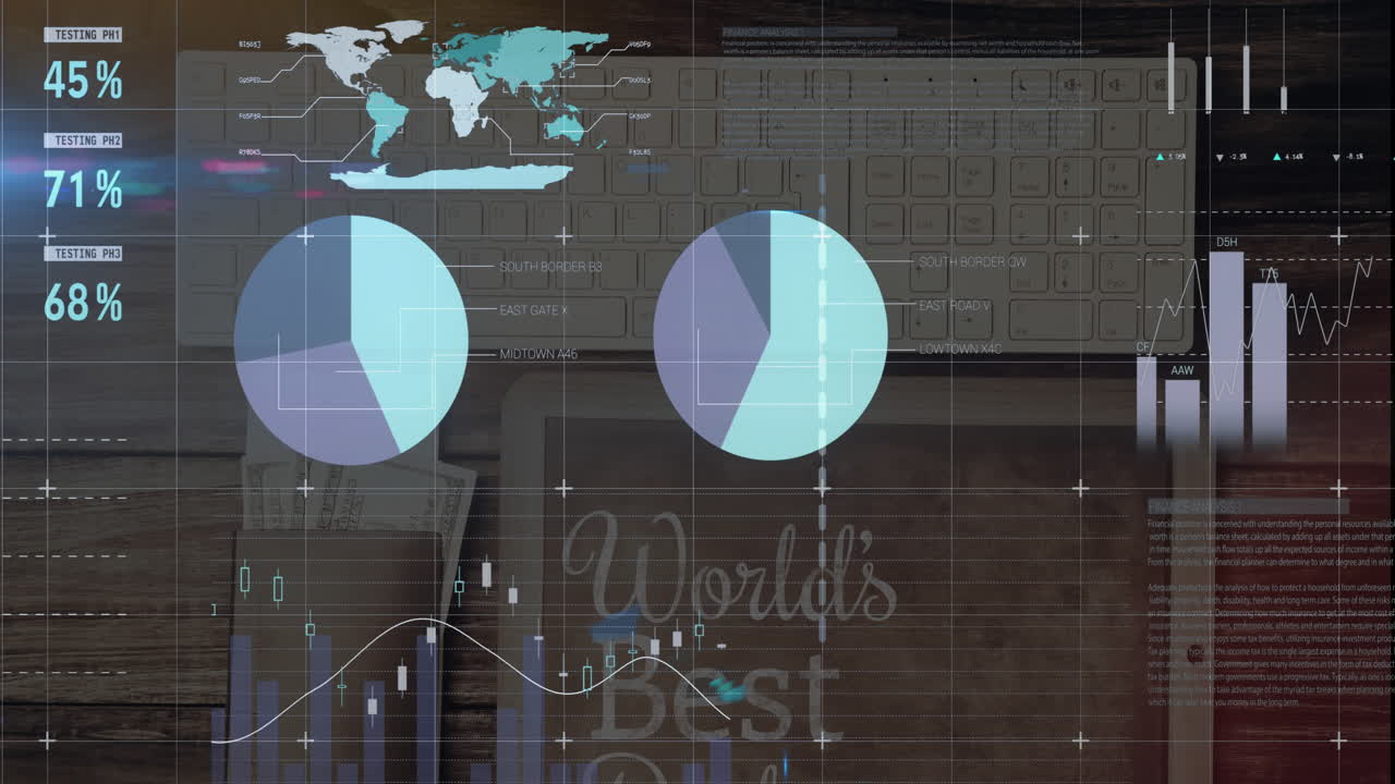 animación del procesamiento de datos financieros a través de teclado, tableta y billetes en el escritorio.