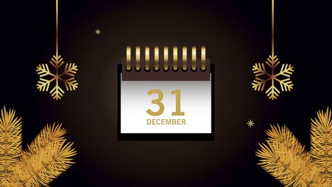 animación de feliz año nuevo con copos de nieve y calendario