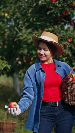 pretty lady farmer in apple garden. fresh ripe seasonal fruit harvesting. vertical video