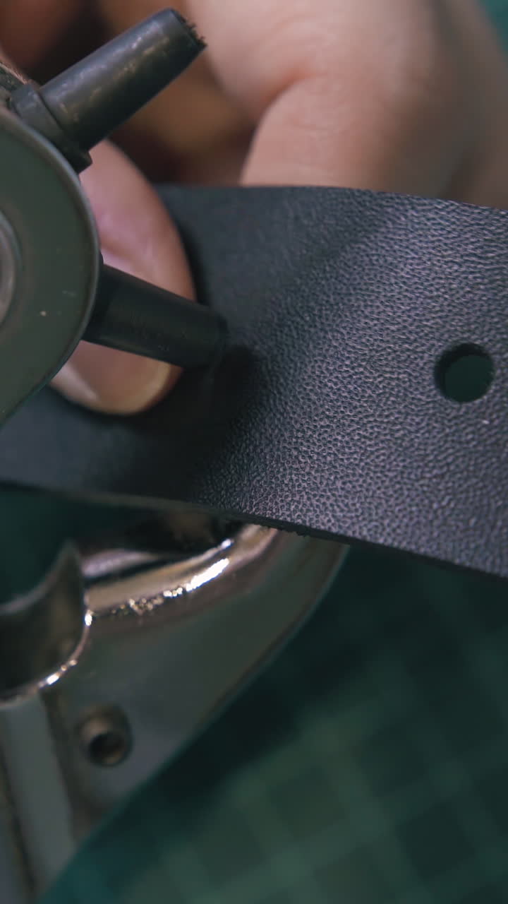 CU: Skilled worker makes holes in leather belt with special punch pliers against green board extreme close view