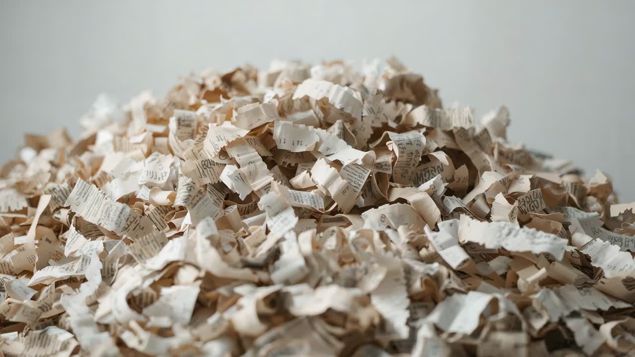 Settling torn paper pile on tabletop while camera shifting focus, revealing printed text