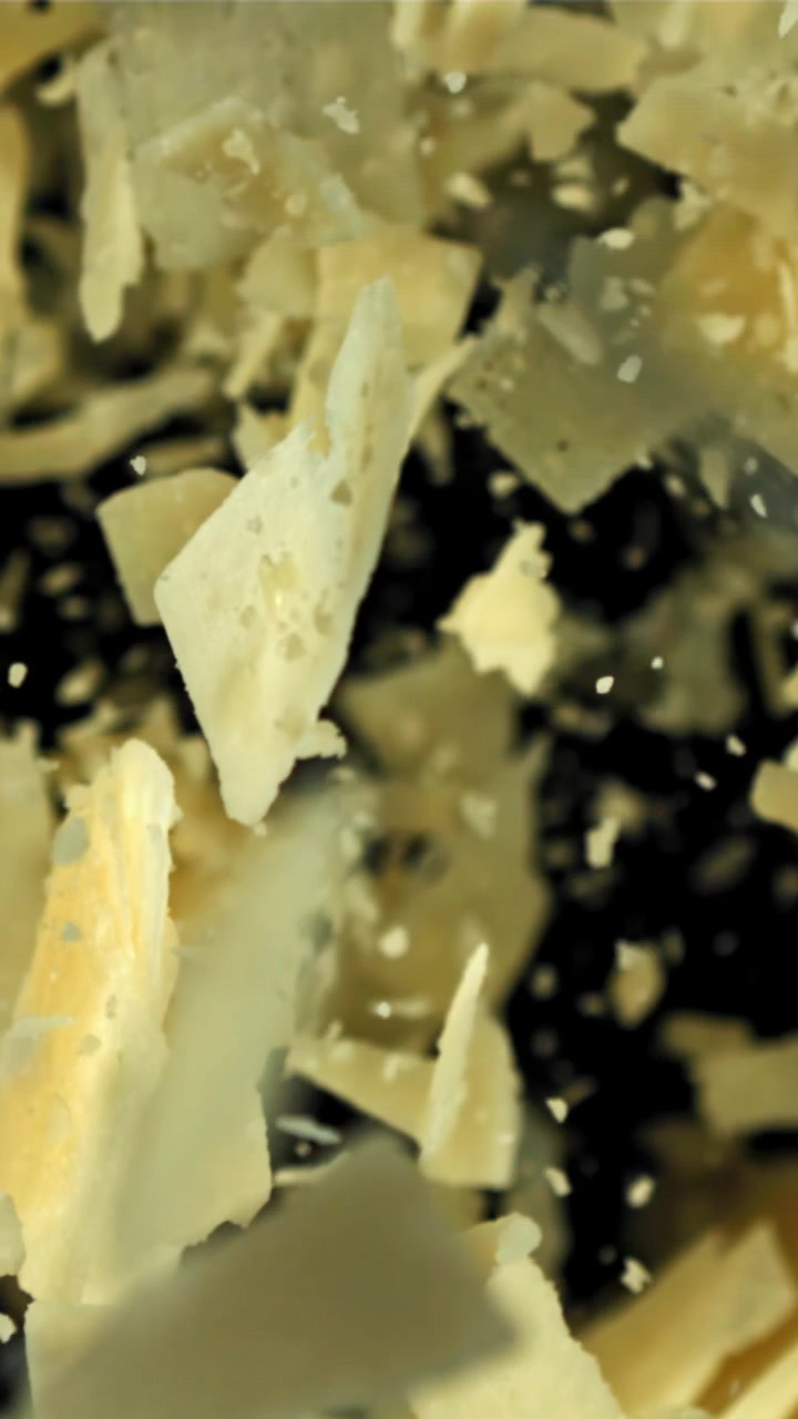 Chute de copeaux de fromage parmesan au ralenti sur fond noir