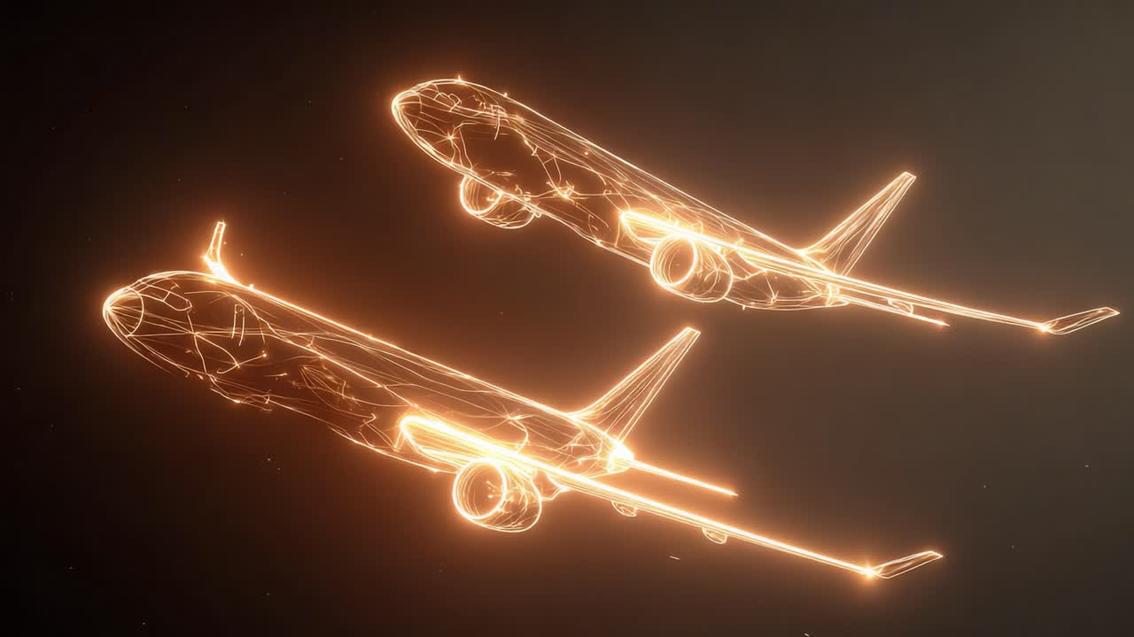 Two glowing orange airplanes flying on a dark background in a seamless loop, representing modern aviation technology, air traffic control, travel networks, and global transportation systems