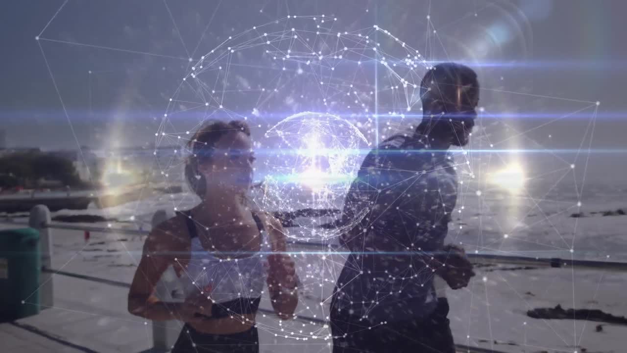 animación de la red de conexiones sobre mujer y hombre corriendo al aire libre