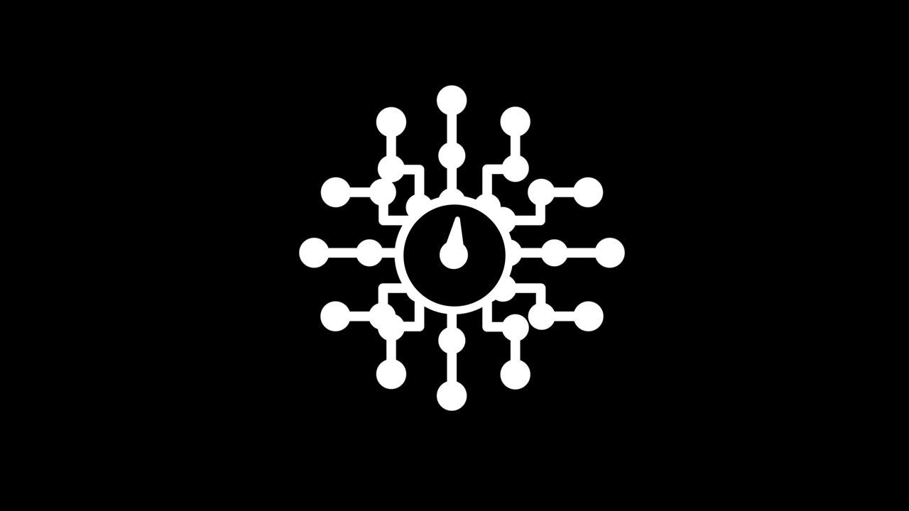 Icona orologio centrale con animazione di rete a ramificazioni multiple isolata su sfondo nero