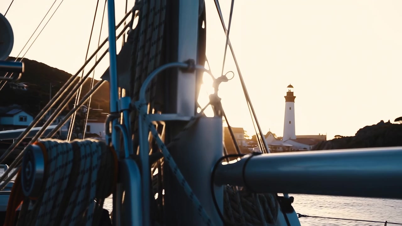 Albero, sartie e boma in primo piano scorrono costantemente davanti alla telecamera mentre un faro distante rimane visibile vicino all'orizzonte, retroilluminato dalla luce dorata della sera sopra acqua leggermente increspata e scogli costieri scuri.