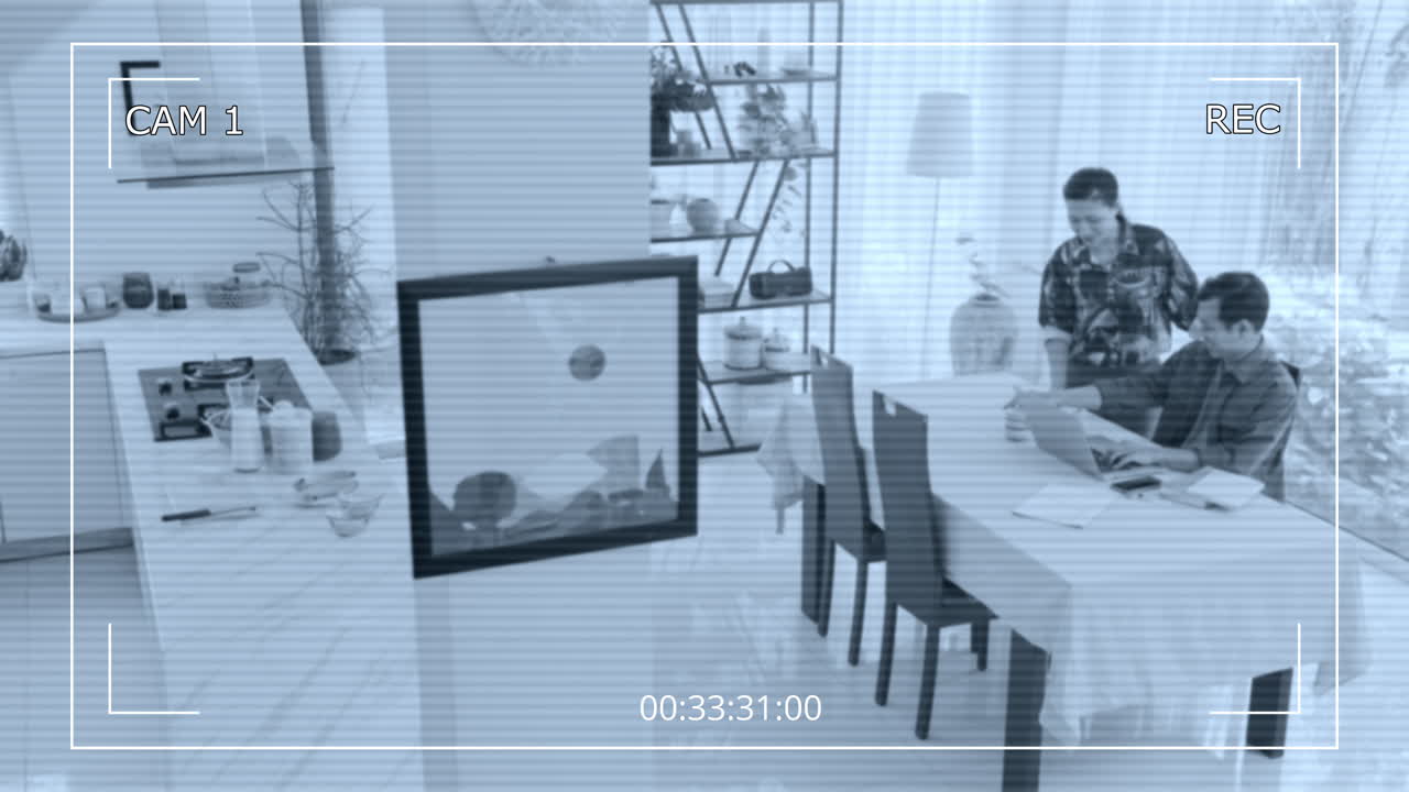 Woman Cooking Breakfast for Husband Working on Laptop CCTV